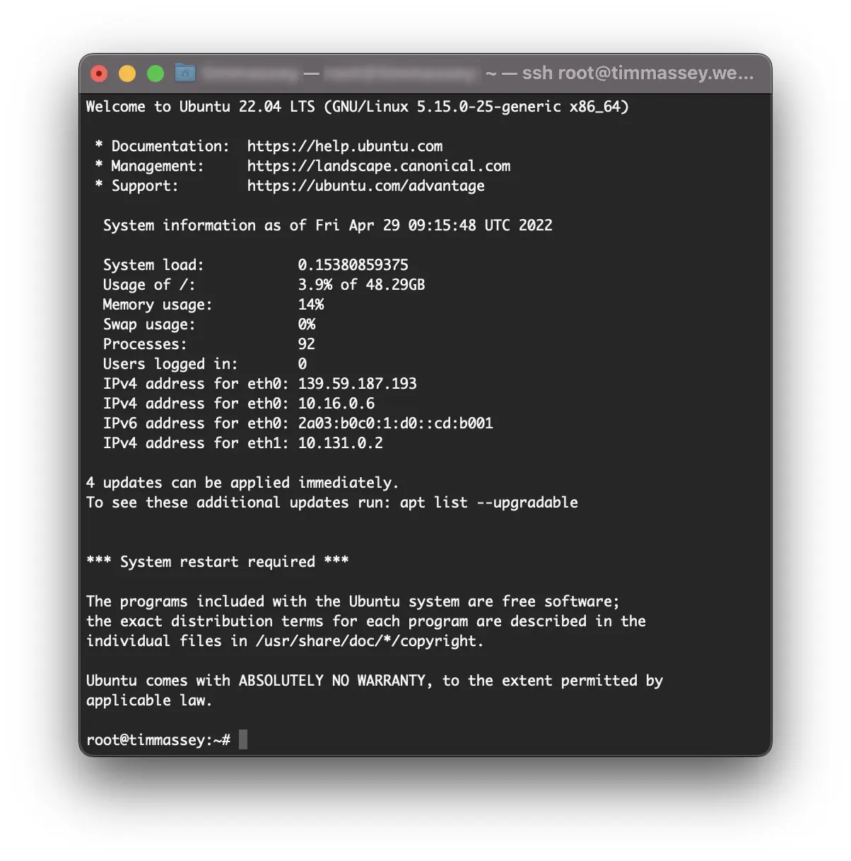 Ubuntu 22.04 LTS server first SSH login text