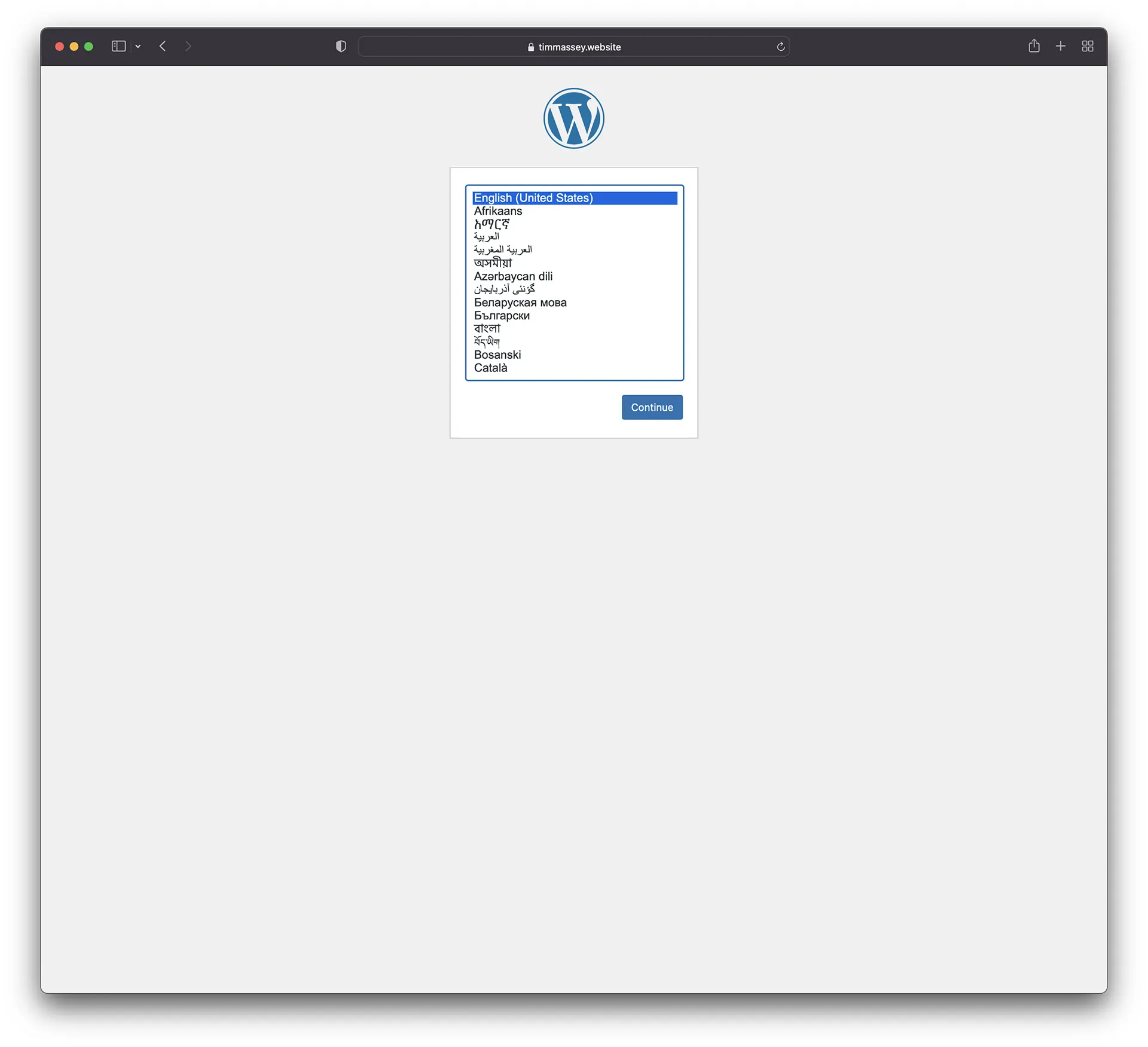 WordPress installation initial language selection webpage