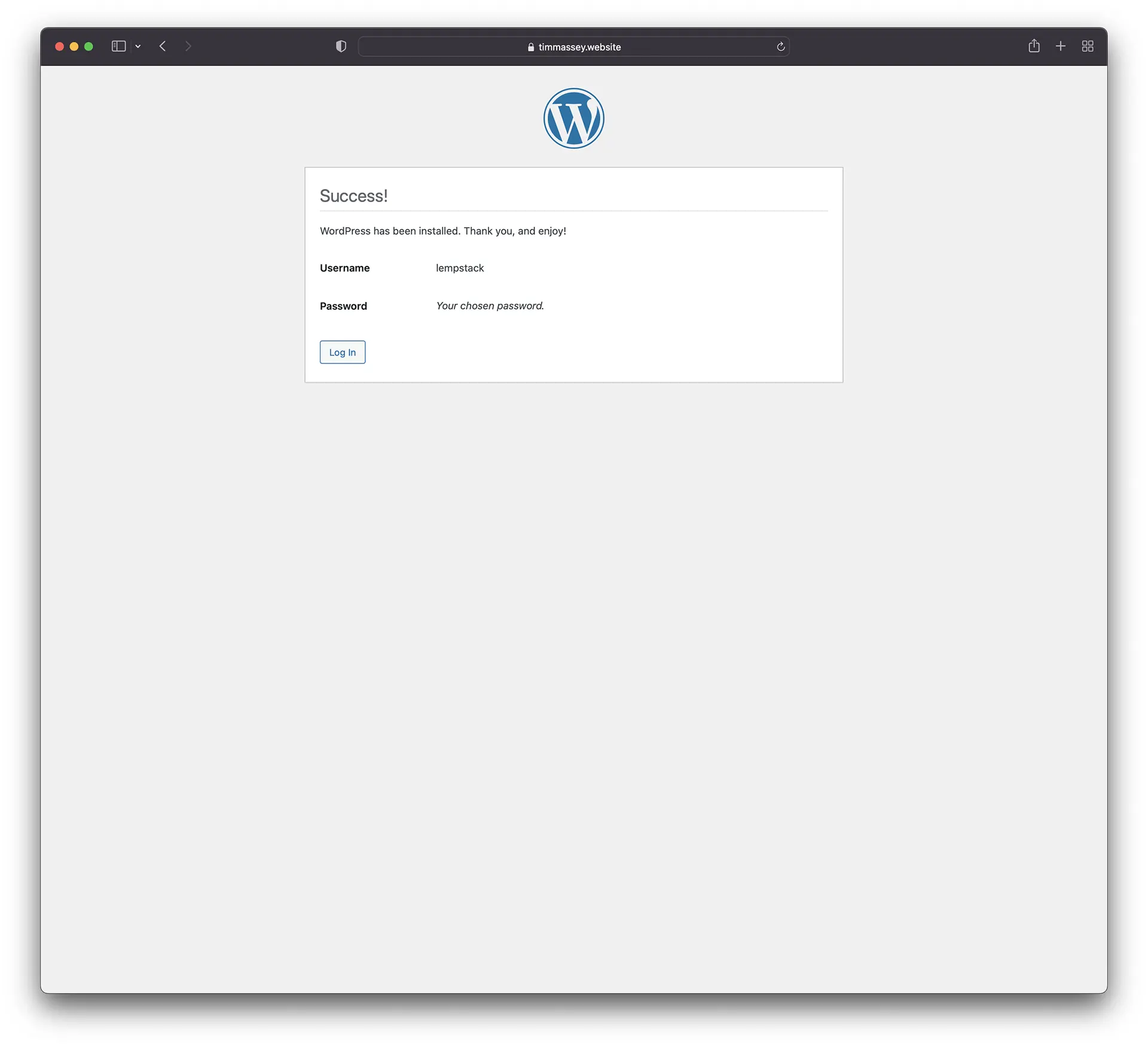 WordPress installation success page