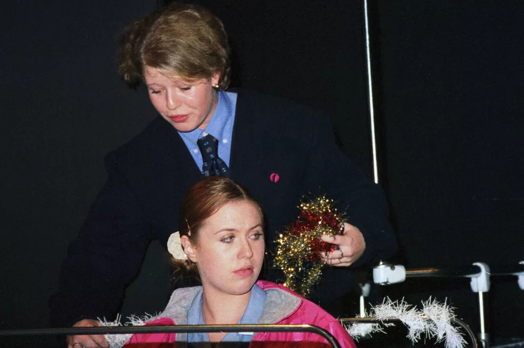 Helen Colley as Carole and Rachael Lane as Stella in Christmas with Johnny and Dee by Tim Massey, QEH Theatre, Bristol, 26 October 2001