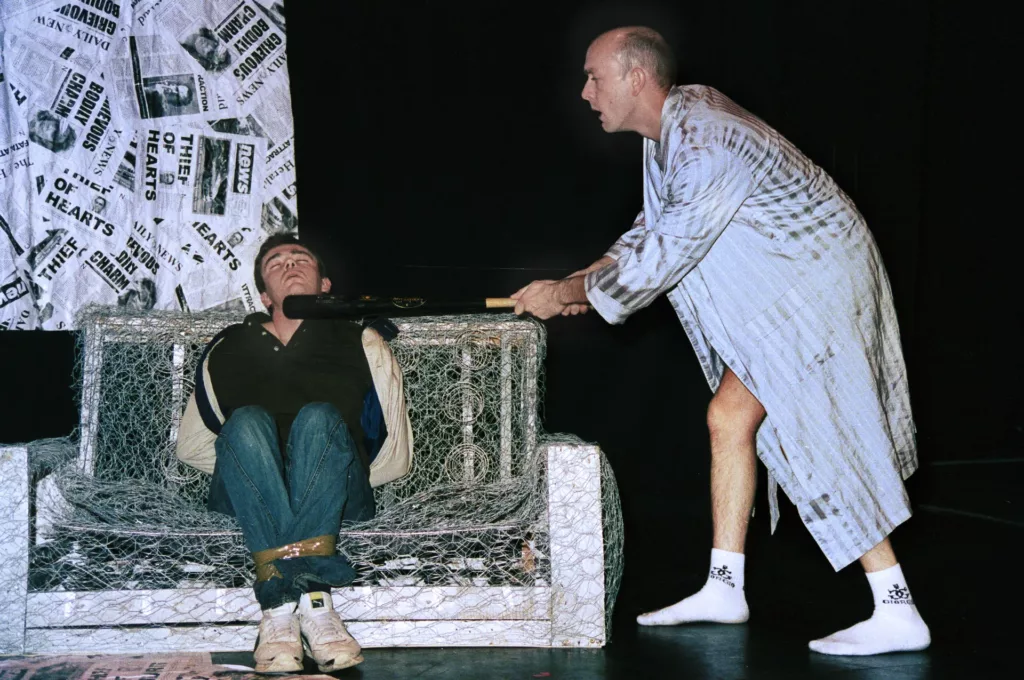 Dan Winter as Tea Leaf and Paul Mohan as Dean in Have-a-Go Hero by Tim Massey, QEH Theatre, Bristol, 26 October 2001