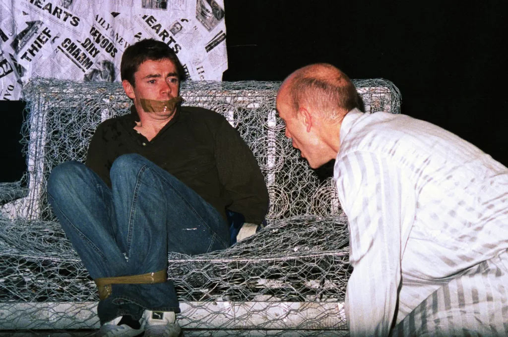Dan Winter as Tea Leaf and Paul Mohan as Dean in Have-a-Go Hero by Tim Massey, QEH Theatre, Bristol, 26 October 2001