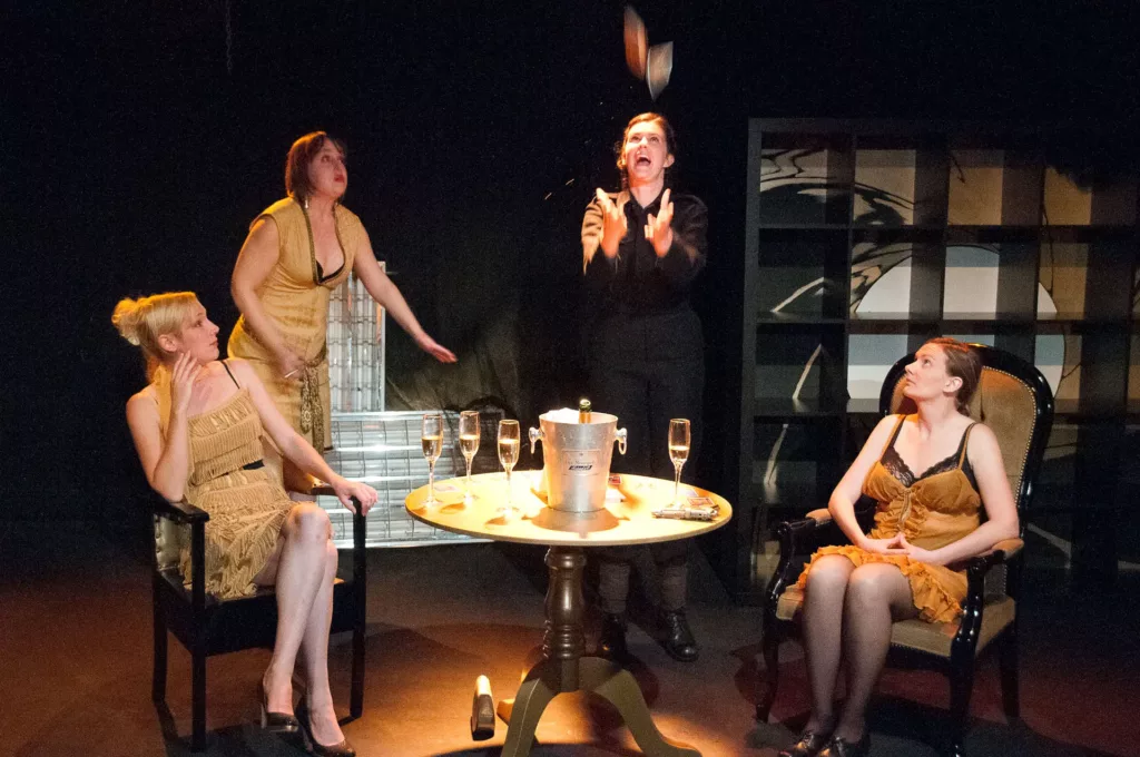 Claire Skelcey as The Blonde, Georgina Landau as The Brunette, Lucinda Holloway as Muriel and Rachel Fagan as The Colonel in Bond Girls by Tim Massey, Alma Tavern Theatre, Bristol, 15 September 2008