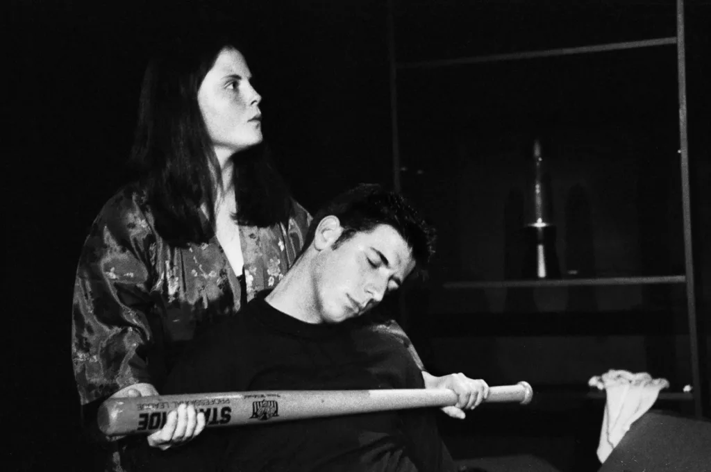 Emily Sanderson as Diane and Rob Capper as Tea Leaf in Have-a-Go Hero by Tim Massey, Alma Tavern Theatre, Bristol, 25 July 2000