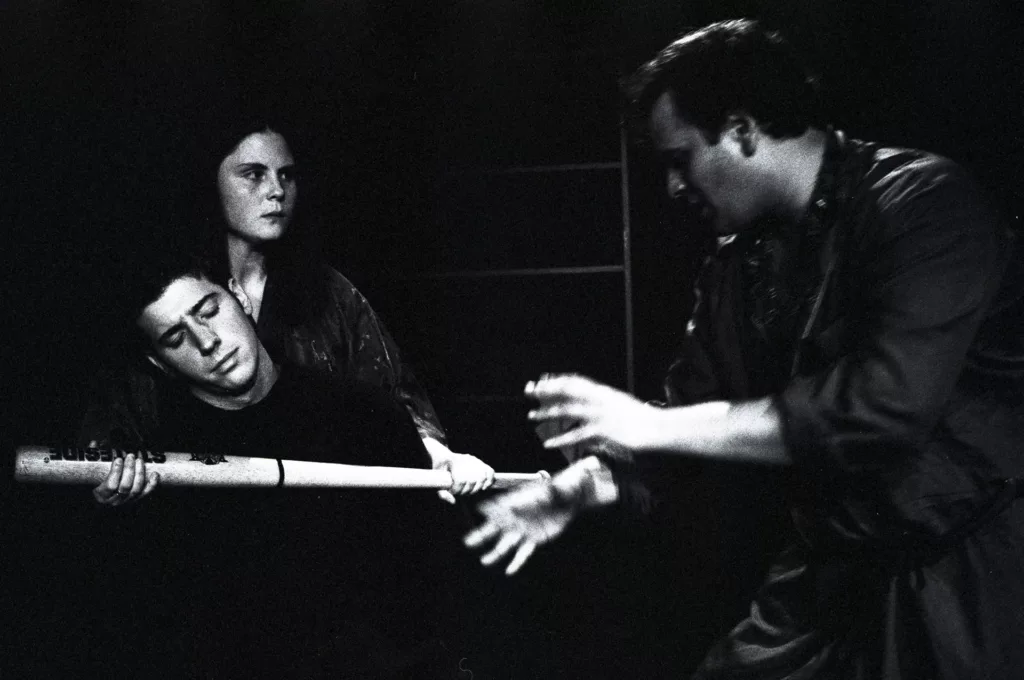 Emily Sanderson as Diane, Qarie Marshall as Dean and Rob Capper as Tea Leaf in Have-a-Go Hero by Tim Massey, Alma Tavern Theatre, Bristol, 25 July 2000