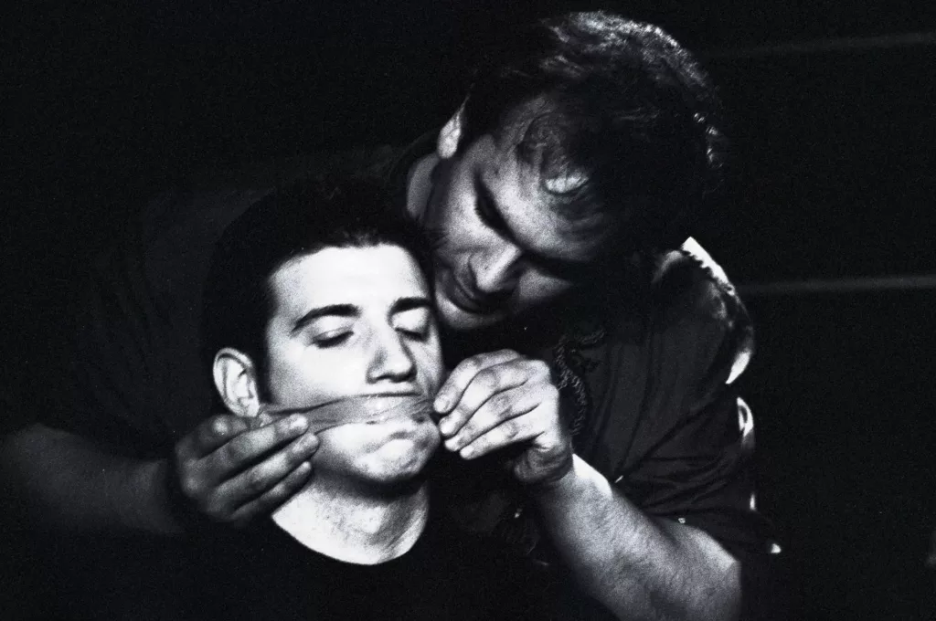 Rob Capper as Tea Leaf and Qarie Marshall as Dean in Have-a-Go Hero by Tim Massey, Alma Tavern Theatre, Bristol, 25 July 2000