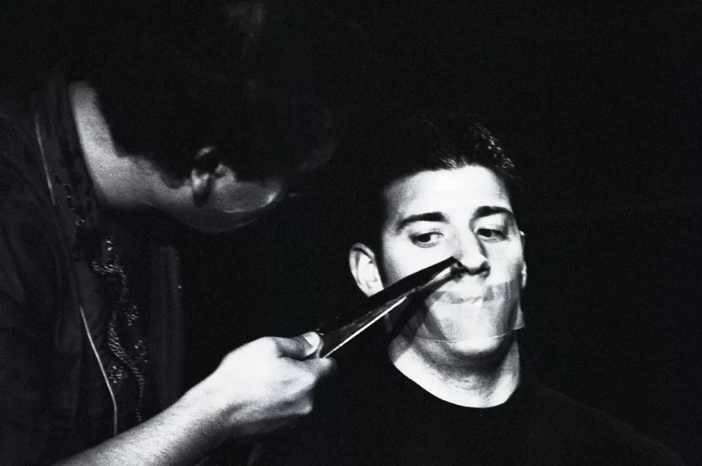 Qarie Marshall as Dean and Rob Capper as Tea Leaf in Have-a-Go Hero by Tim Massey, Alma Tavern Theatre, Bristol, 25 July 2000