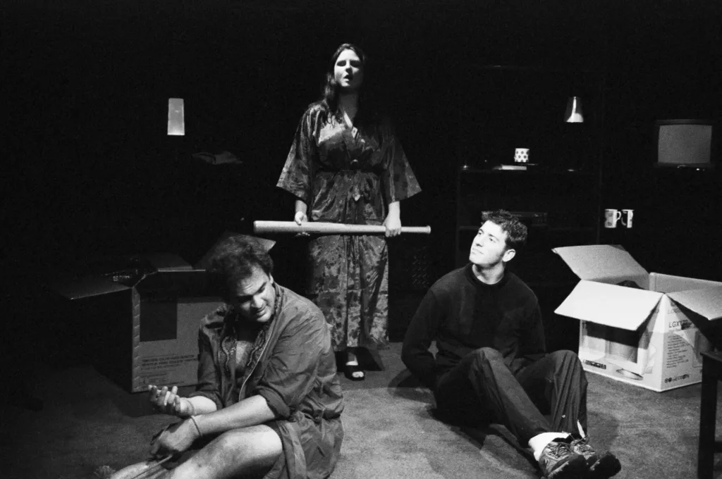 Emily Sanderson as Diane, Qarie Marshall as Dean and Rob Capper as Tea Leaf in Have-a-Go Hero by Tim Massey, Alma Tavern Theatre, Bristol, 25 July 2000