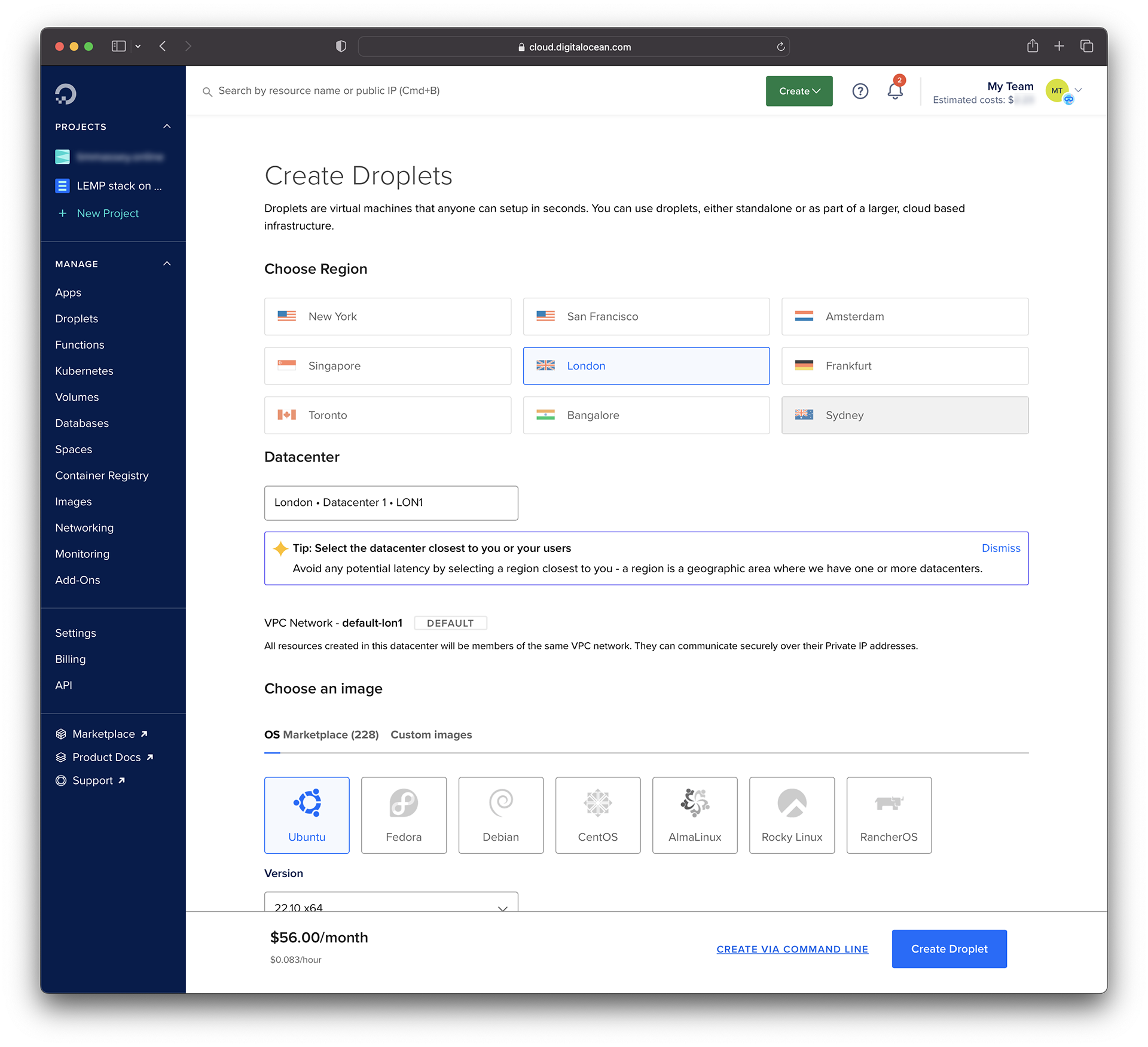 Screenshot showing choice of a DigitalOcean datacenter region