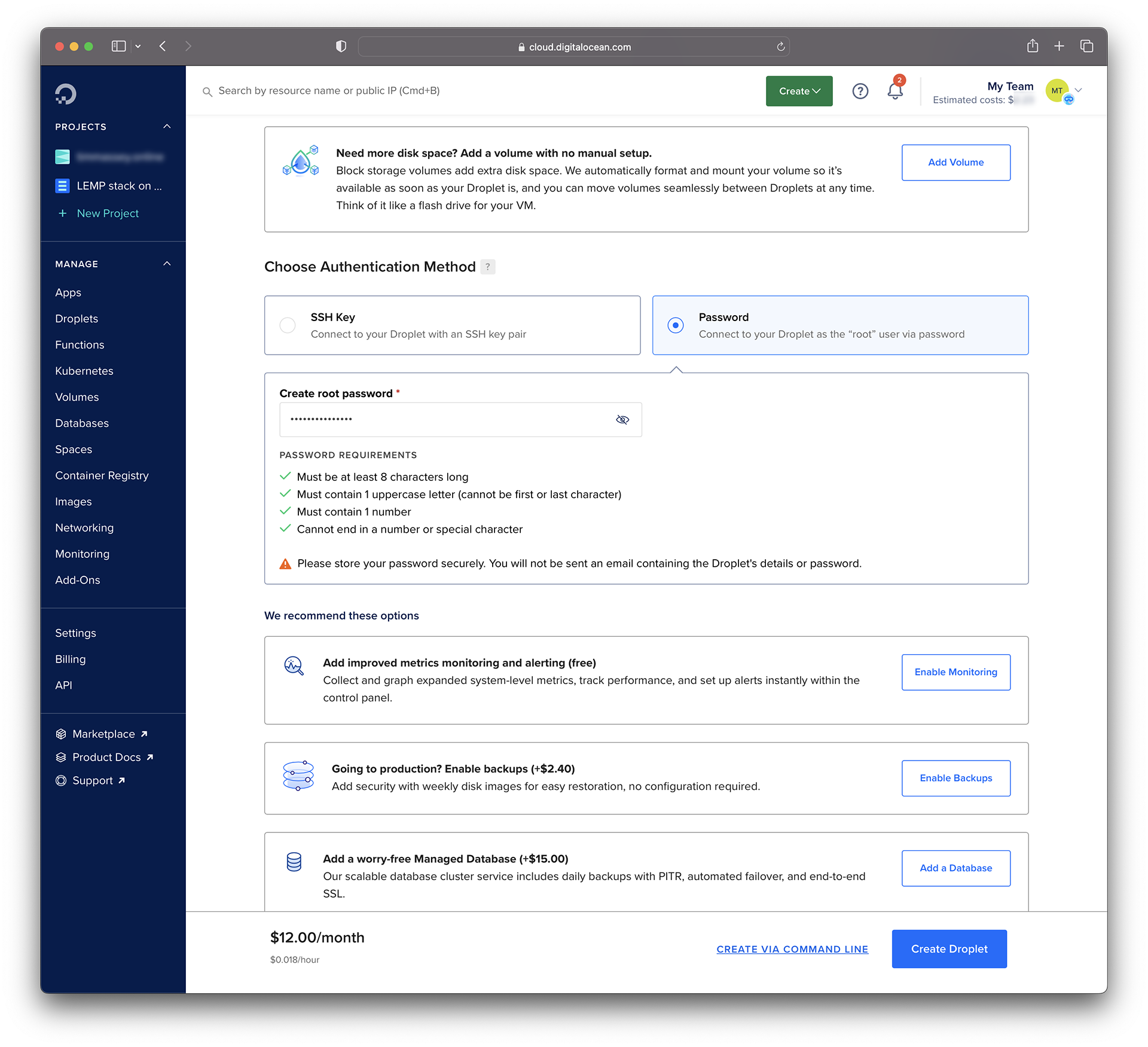 Screenshot showing the choice of password authentication for a DigitalOcean Droplet