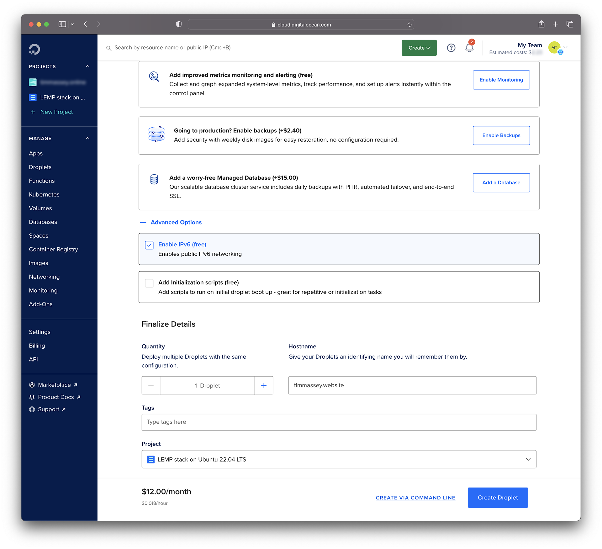 Screenshot showing the final options for creating a DigitalOcean Droplet