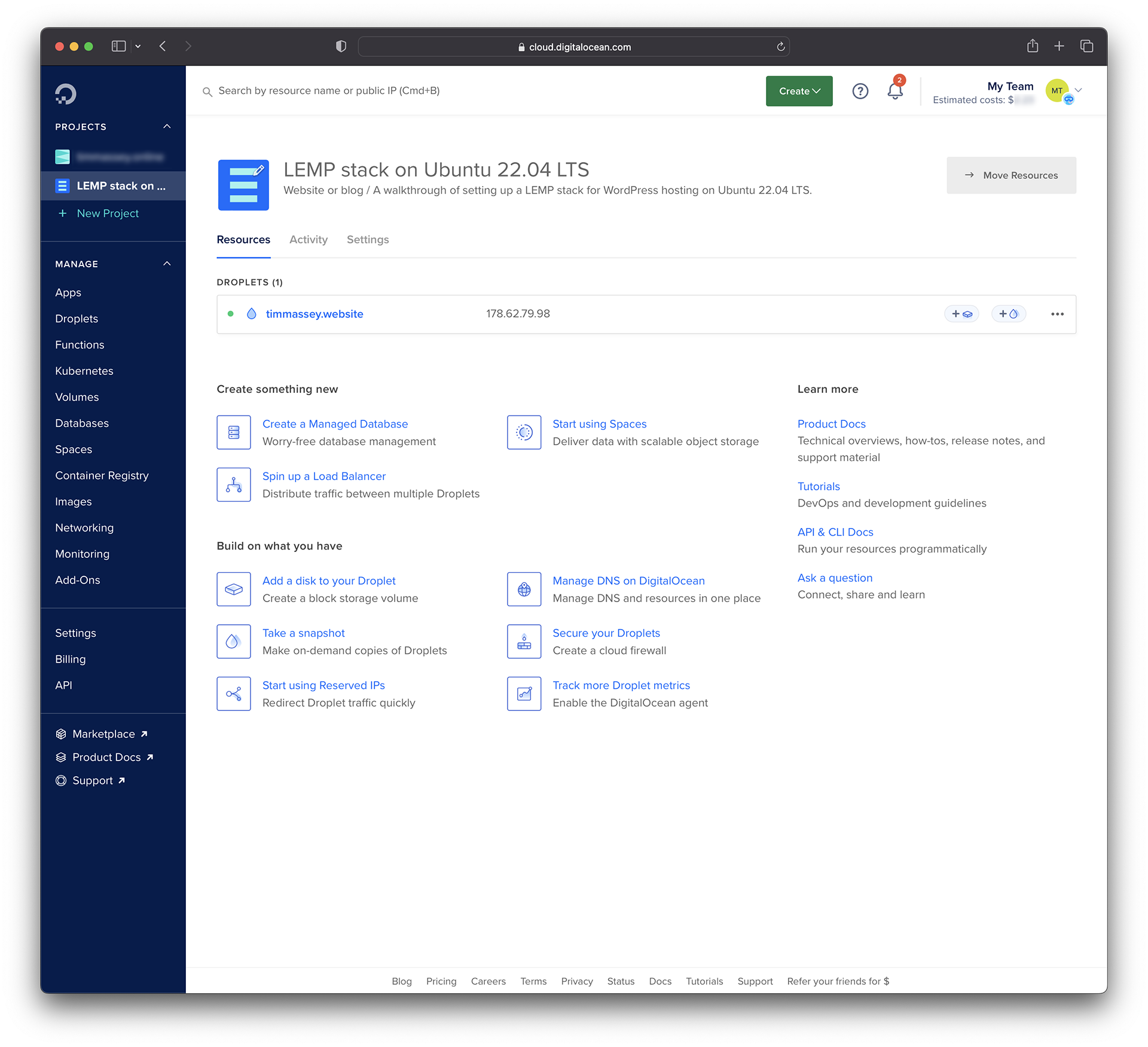 Screenshot showing the DigitalOcean project dashboard with Droplet details