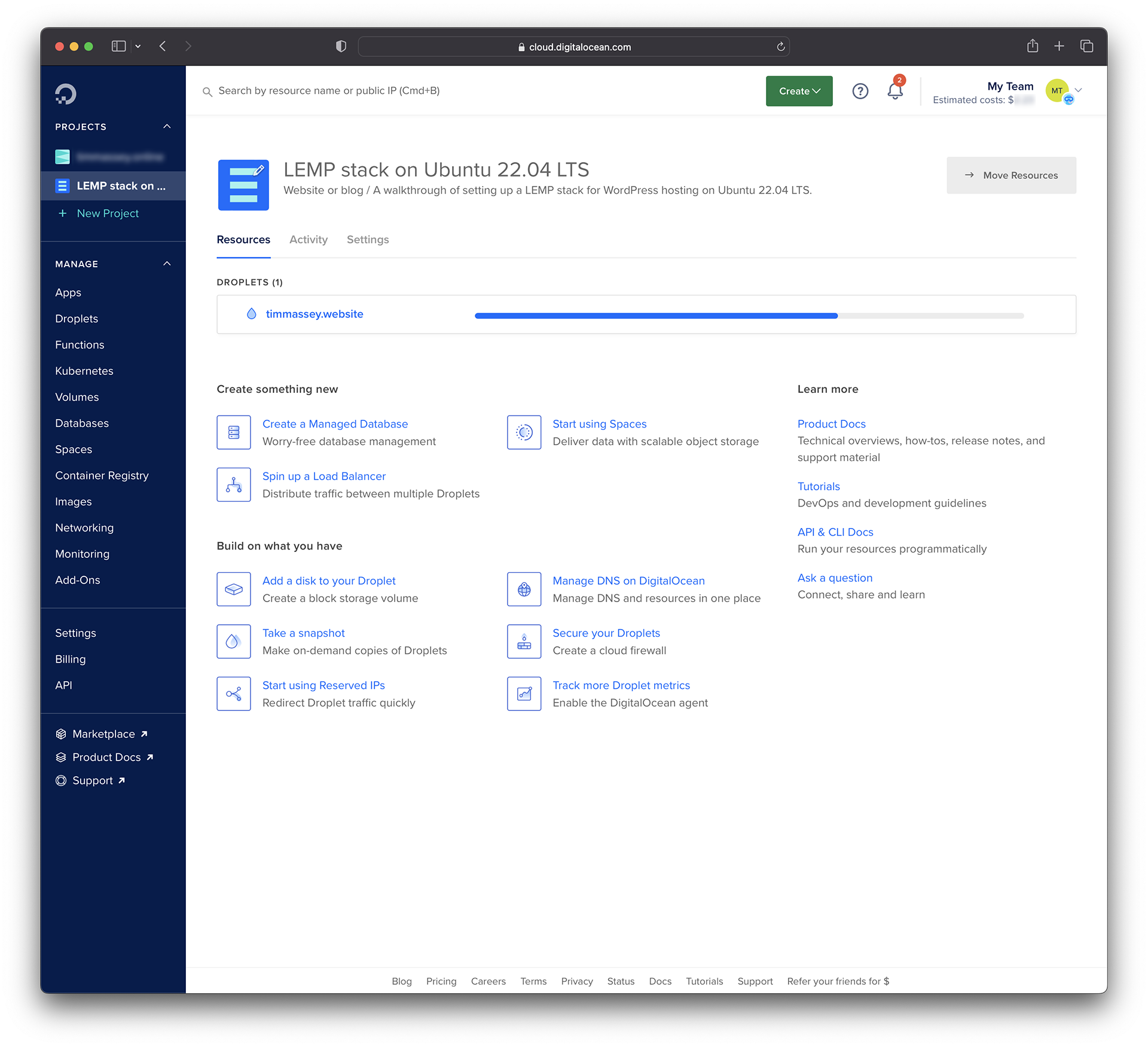 Screenshot showing the progress bar as DigitalOcean sets up a Droplet