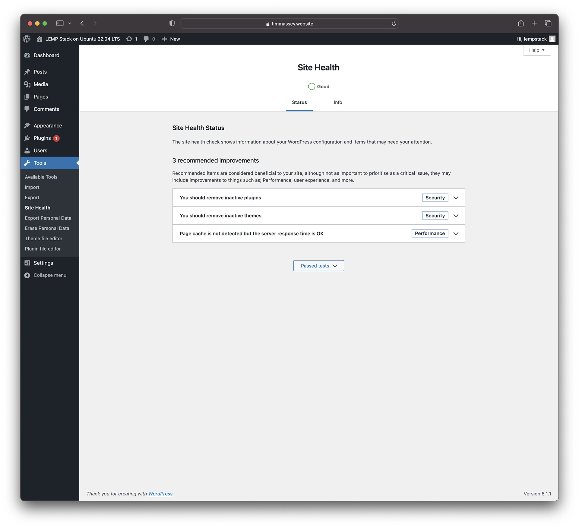 Screenshot showing an initial Site Health Status check with a clean installation of WordPress 6.1.1