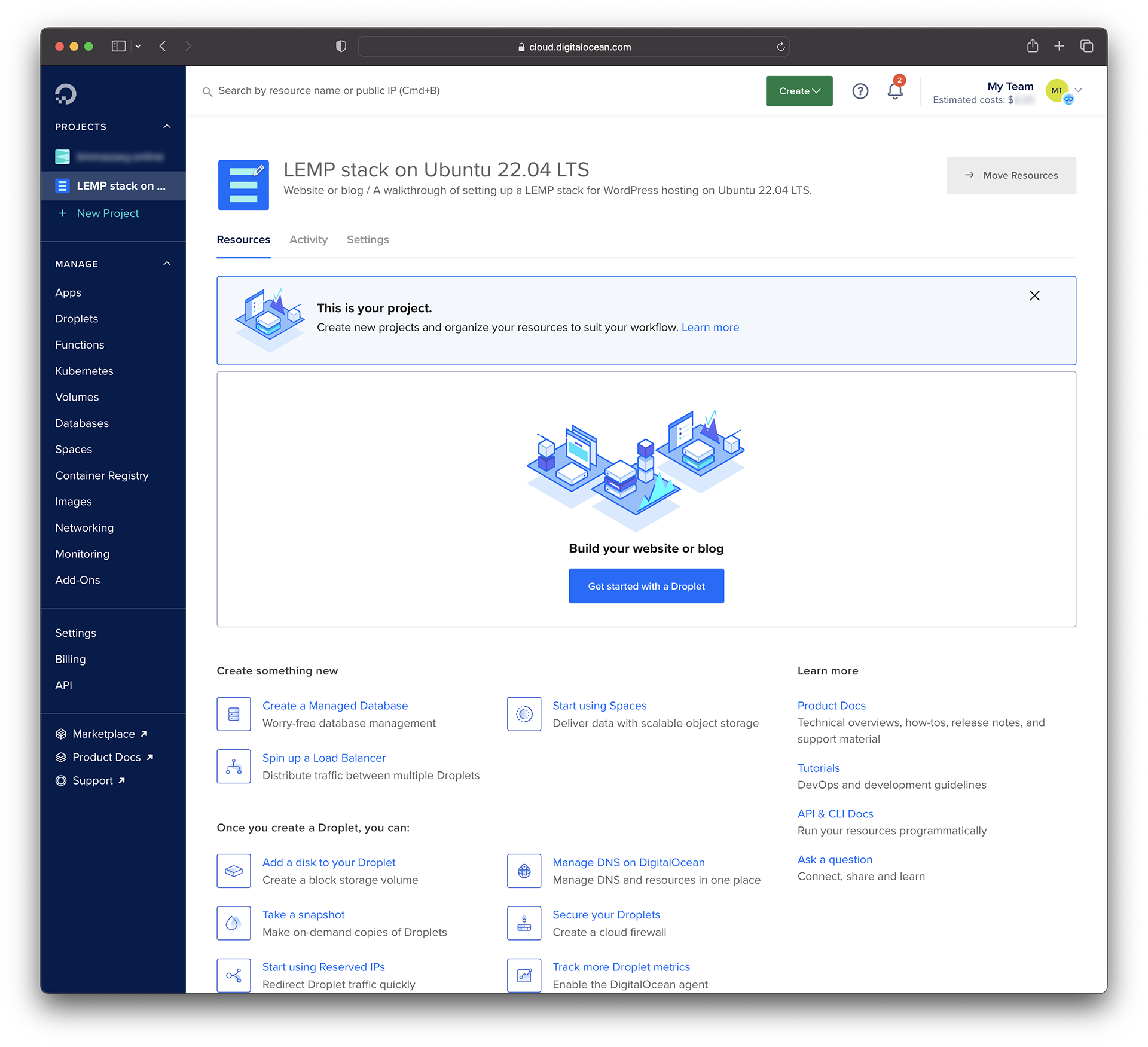 Screenshot of a new DigitalOcean project