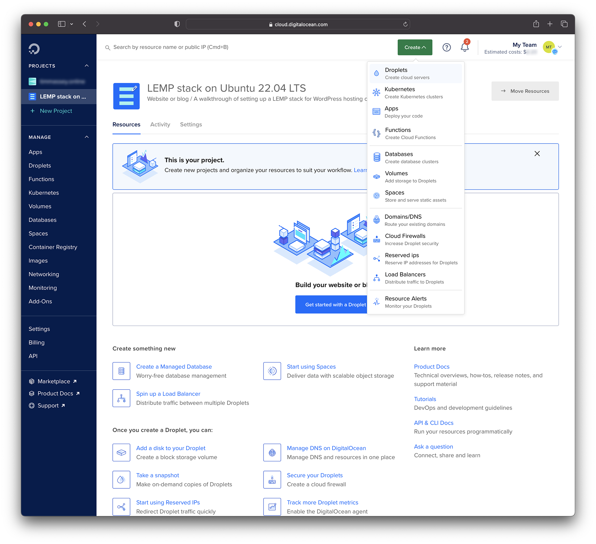 Screenshot showing selection of 'Droplets' from the Create menu