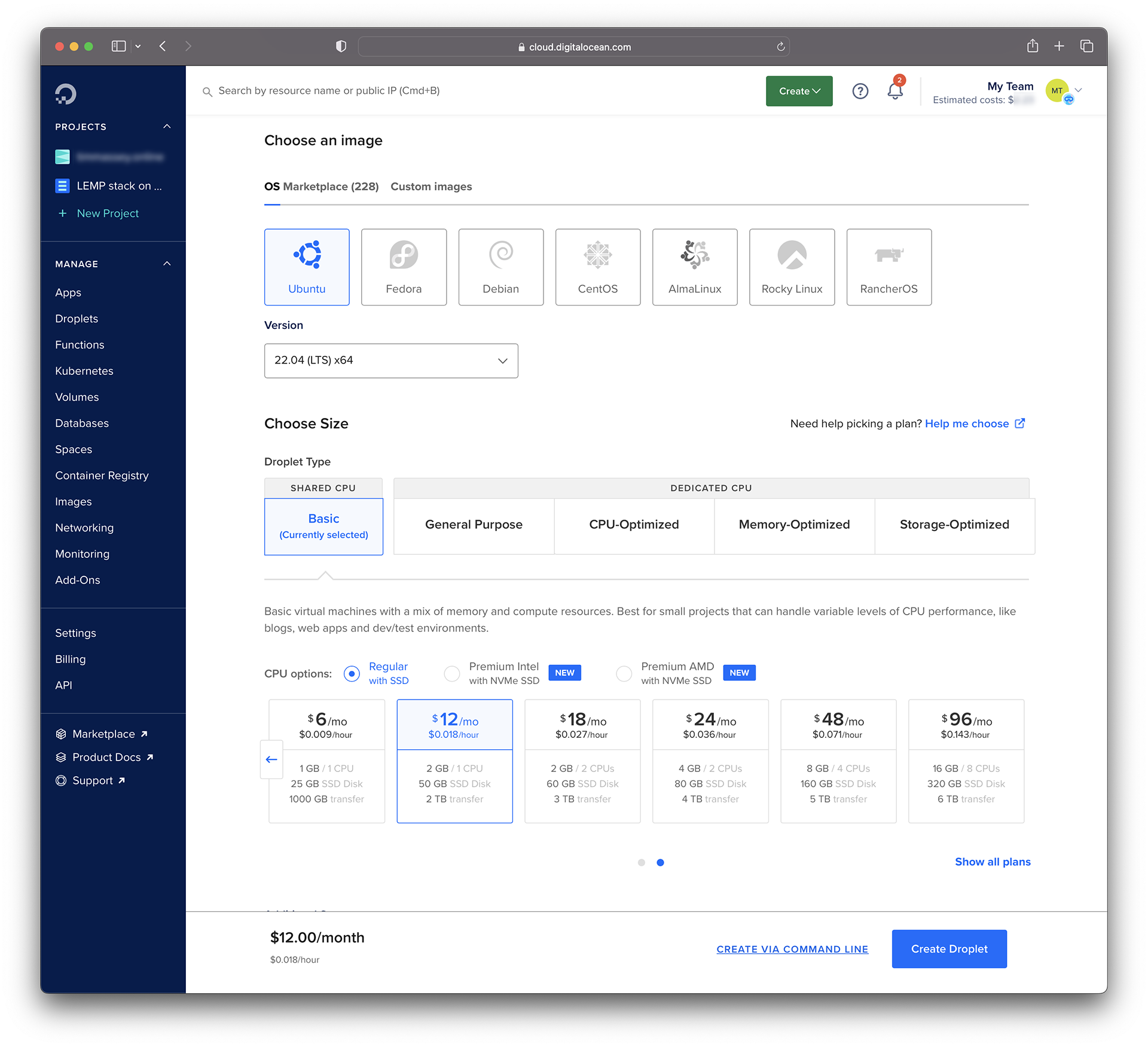 Selecting the Ubuntu 22.04 (LTS) x64 distribution and size for a DigitalOcean Droplet