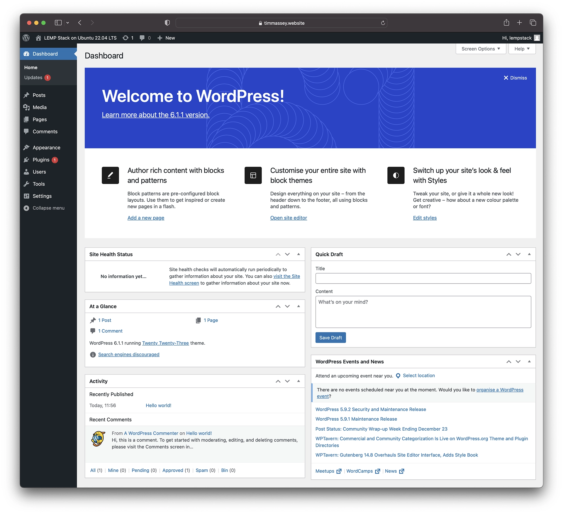 WordPress 6.1.1 default dashboard