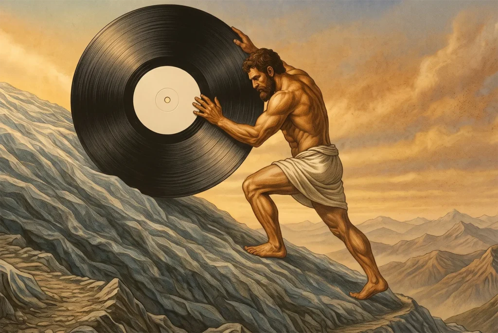 Sisyphus pushing a vinyl LP up a rocky slope in place of a boulder, drawn in the manner of a classical painting
